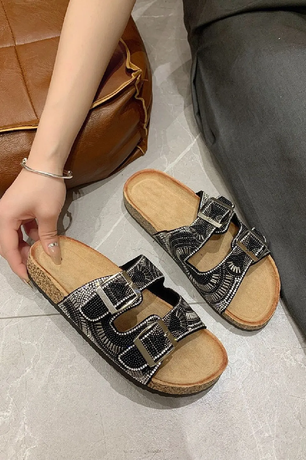 BLACK BEADS DETAIL DOUBLE BUCKLE SLIDER SANDALS