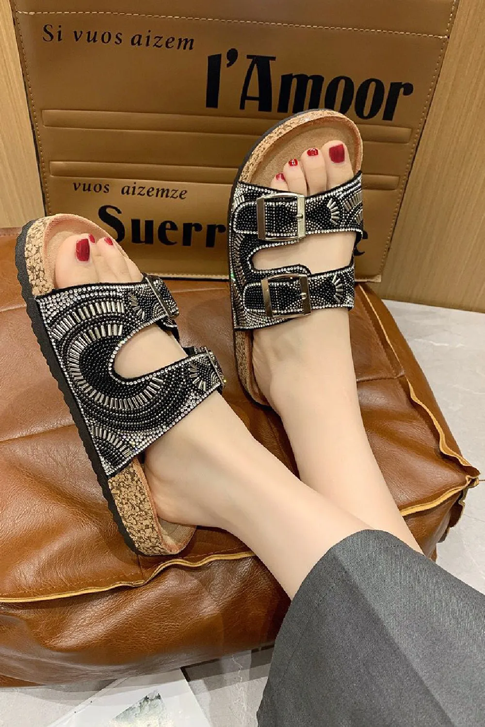 BLACK BEADS DETAIL DOUBLE BUCKLE SLIDER SANDALS
