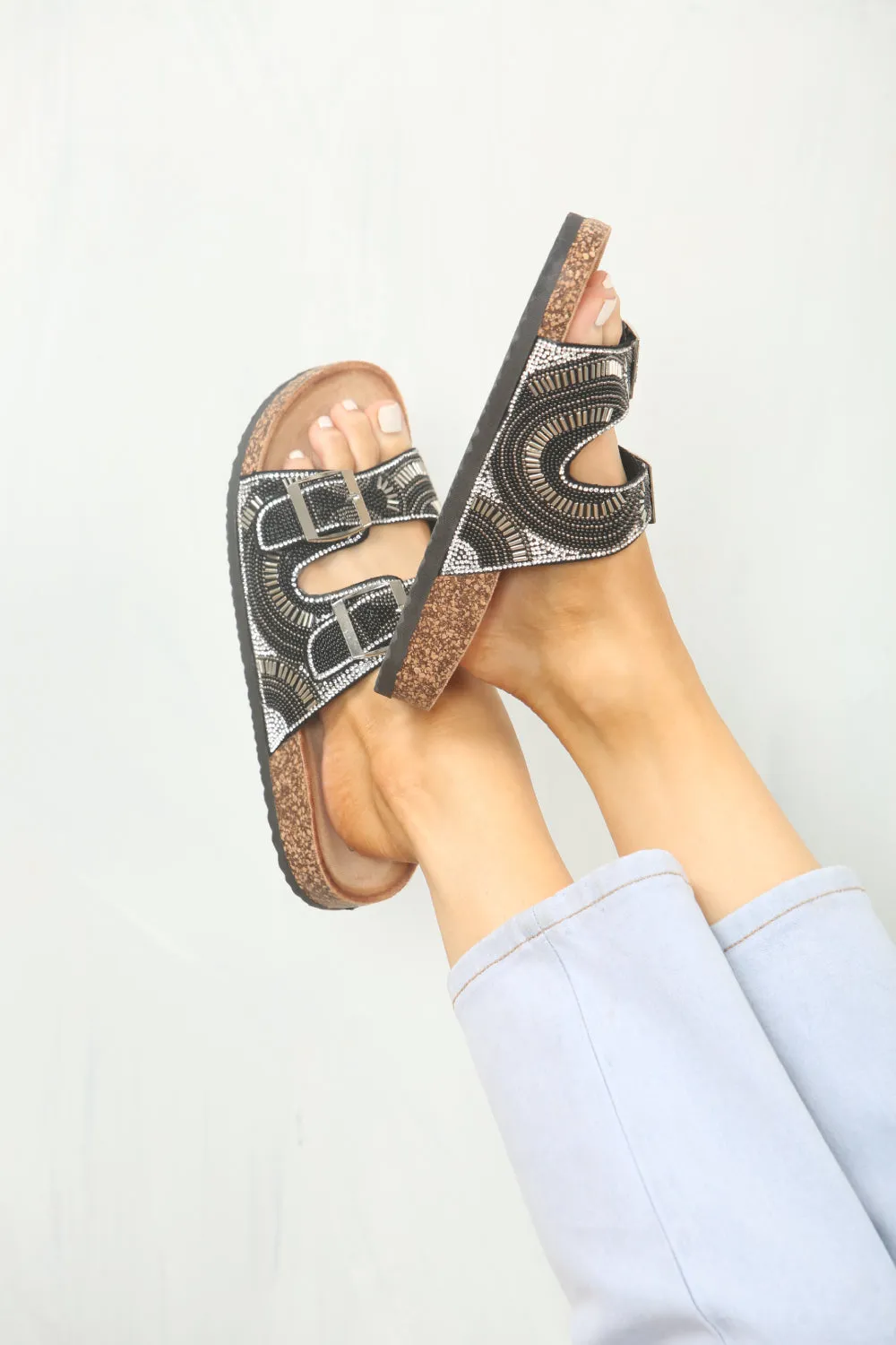 BLACK BEADS DETAIL DOUBLE BUCKLE SLIDER SANDALS