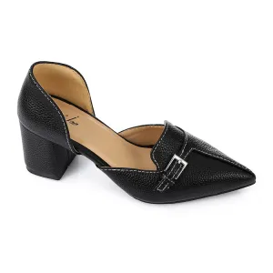 Black Block Heel Loafer – Pointed Toe Office Shoe with Buckle Detail