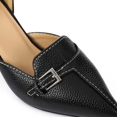 Black Block Heel Loafer – Pointed Toe Office Shoe with Buckle Detail