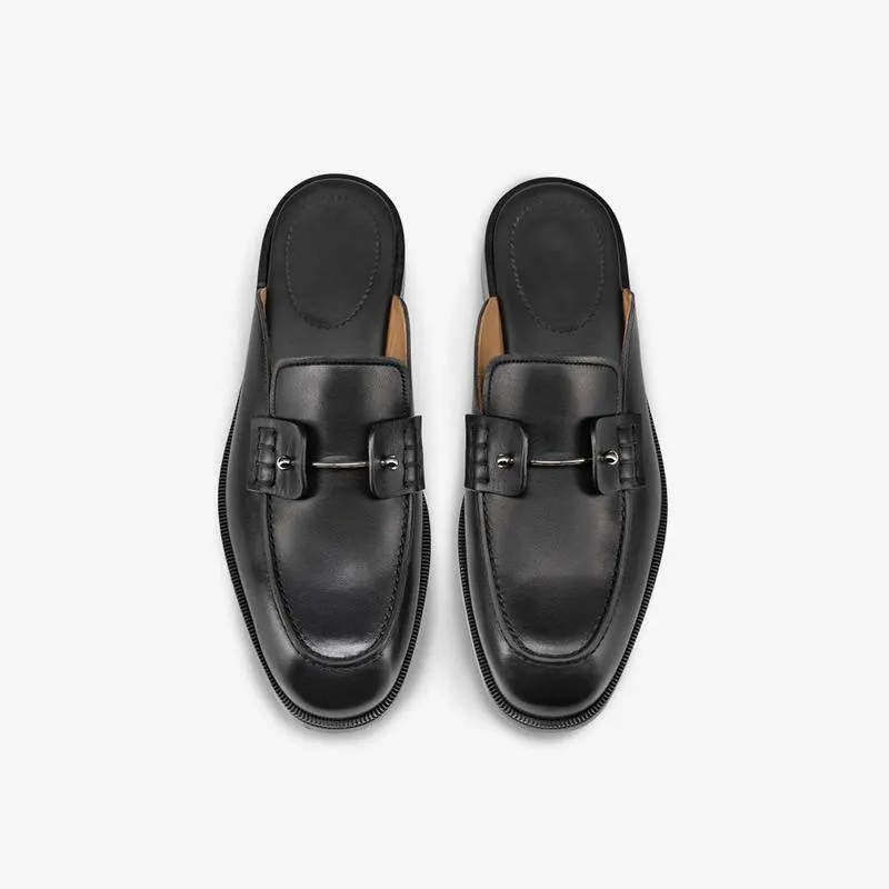 Black Leather Backless Collar Pin Loafer
