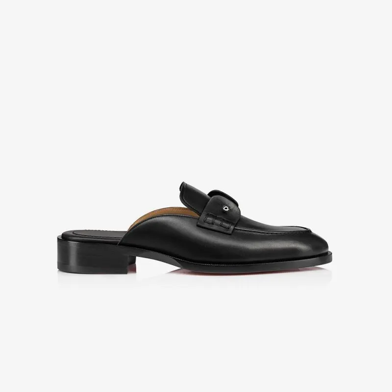 Black Leather Backless Collar Pin Loafer