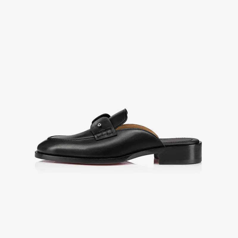 Black Leather Backless Collar Pin Loafer