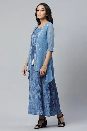 Blue A-line Gillet and Dress Set