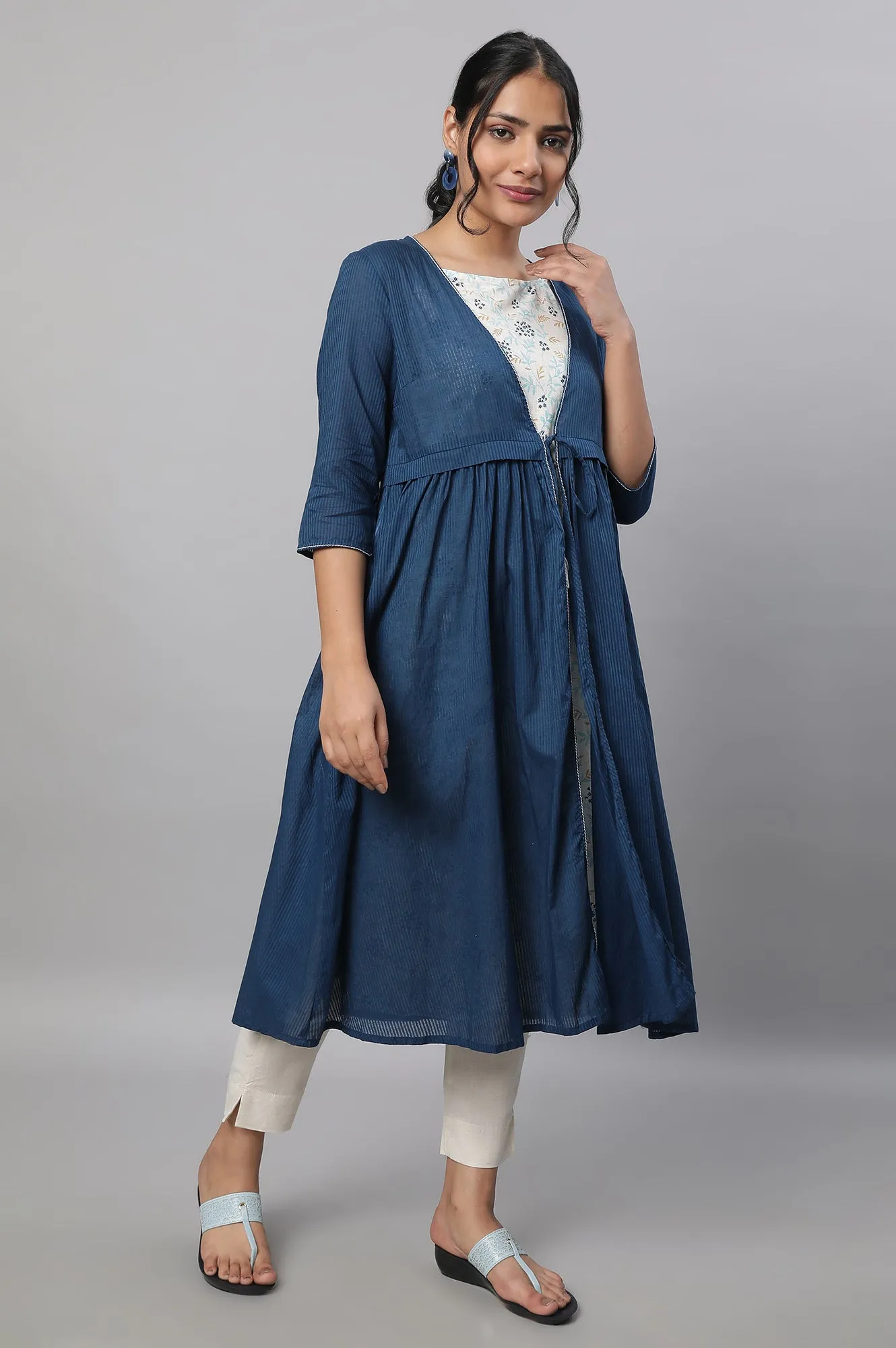 Blue Gathered Gillet, kurta & Trousers Set