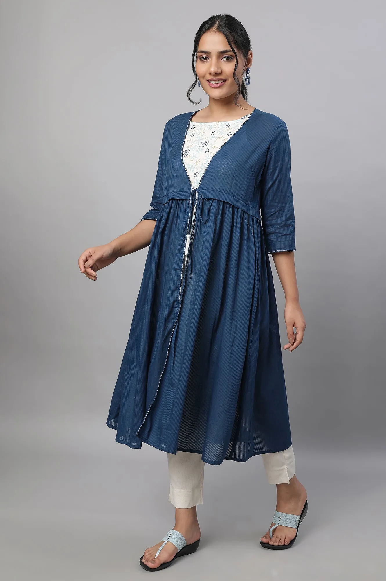 Blue Gathered Gillet, kurta & Trousers Set
