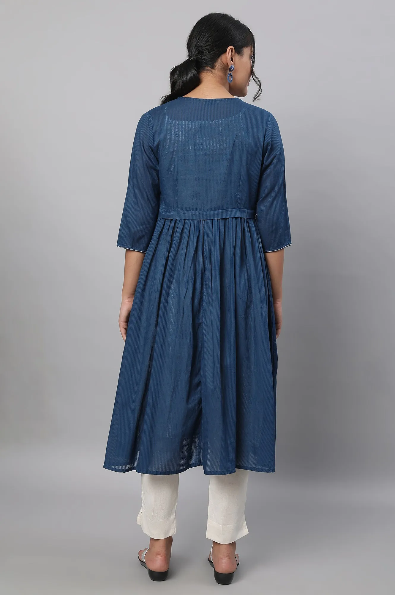 Blue Gathered Gillet, kurta & Trousers Set