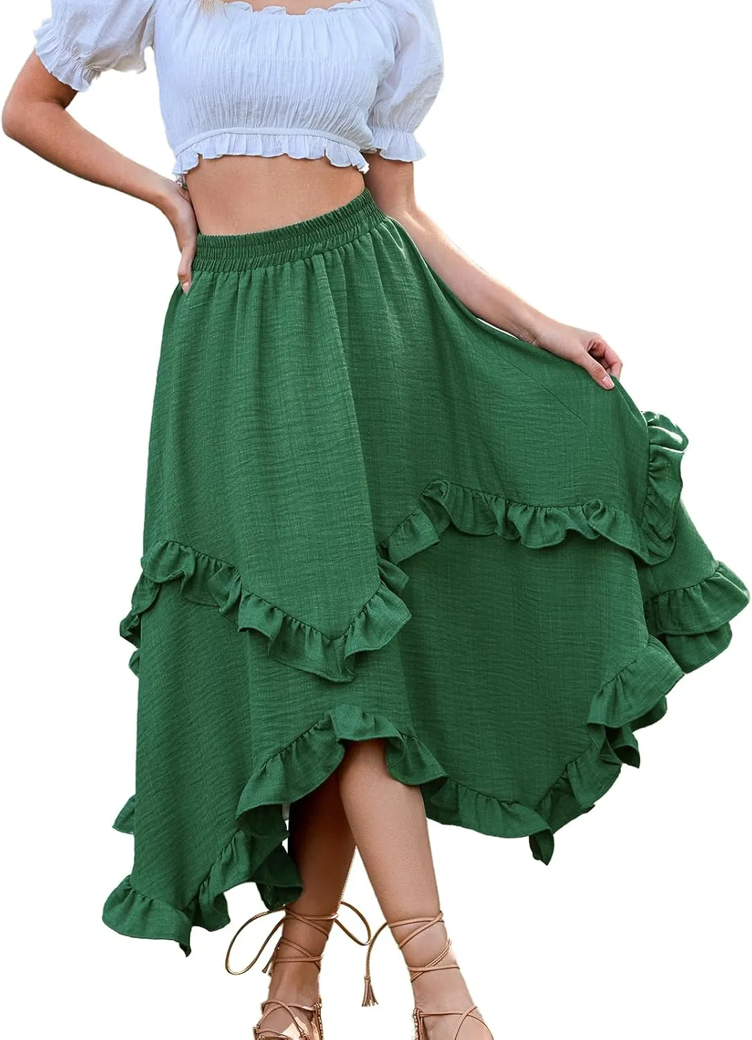 Bridesmay Renaissance Fairy Skirt 2025 Asymmetrical Ruffle Hem Elastic Waisted Long Maxi Skirts for Women