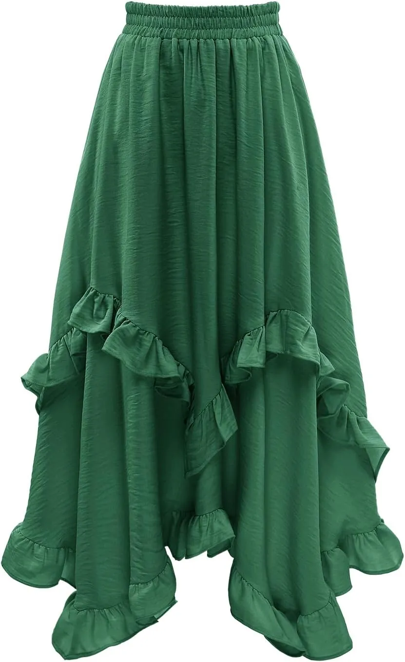 Bridesmay Renaissance Fairy Skirt 2025 Asymmetrical Ruffle Hem Elastic Waisted Long Maxi Skirts for Women