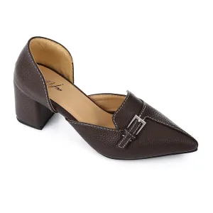 Brown Block Heel Loafer – Pointed Toe Office Shoe with Buckle Detail