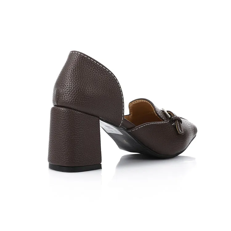 Brown Block Heel Loafer – Pointed Toe Office Shoe with Buckle Detail