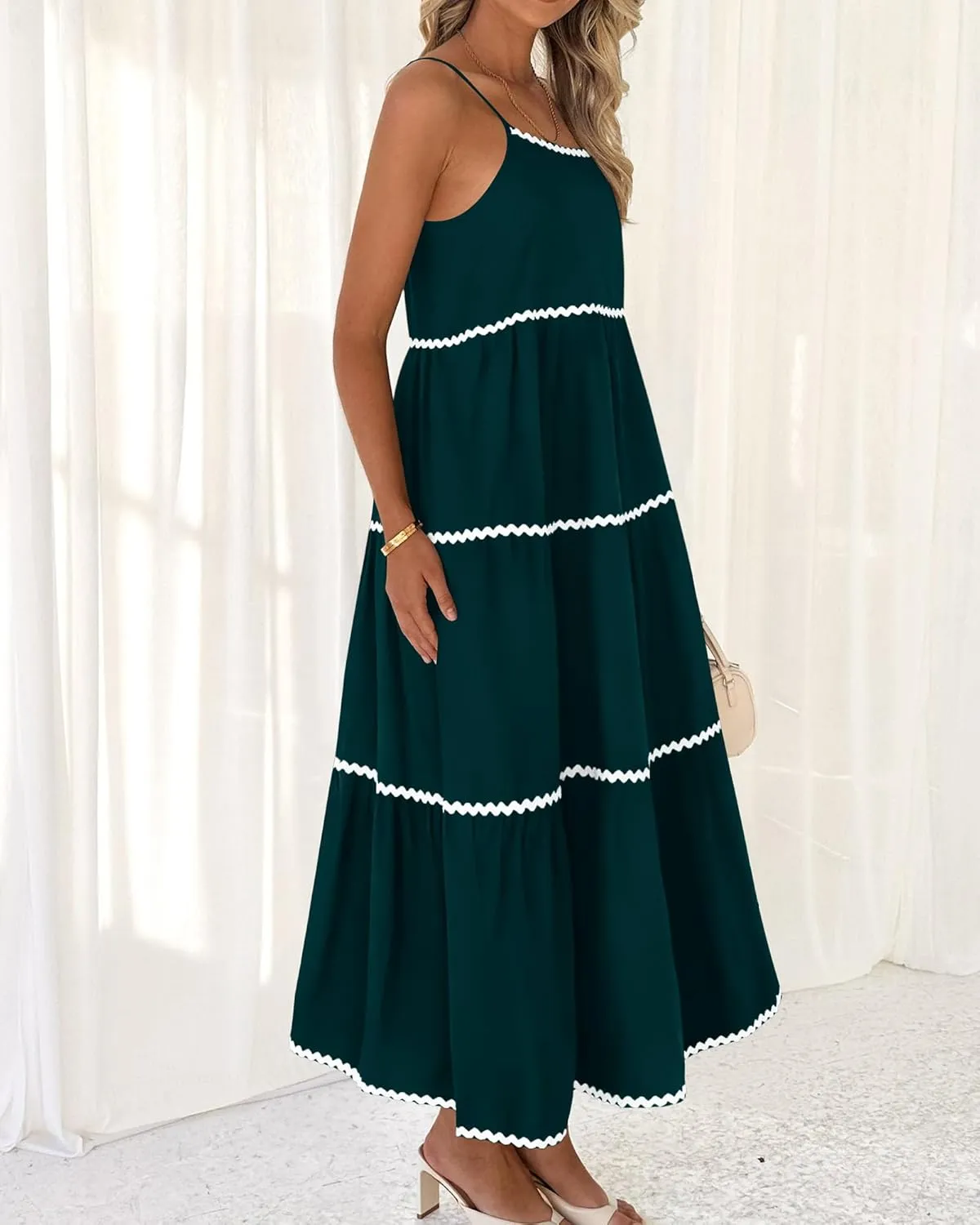 BTFBM Boho Summer Dresses 2025 Spaghetti Strap Backless Sundress RIC Rac Trim Tiered A-Line Long Casual Vacation Dress