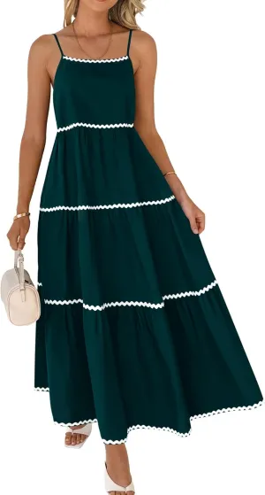 BTFBM Boho Summer Dresses 2025 Spaghetti Strap Backless Sundress RIC Rac Trim Tiered A-Line Long Casual Vacation Dress