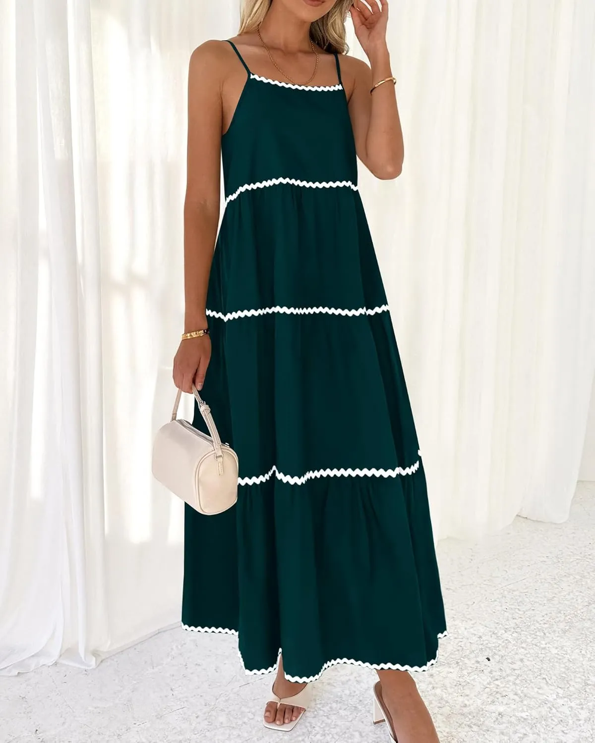 BTFBM Boho Summer Dresses 2025 Spaghetti Strap Backless Sundress RIC Rac Trim Tiered A-Line Long Casual Vacation Dress