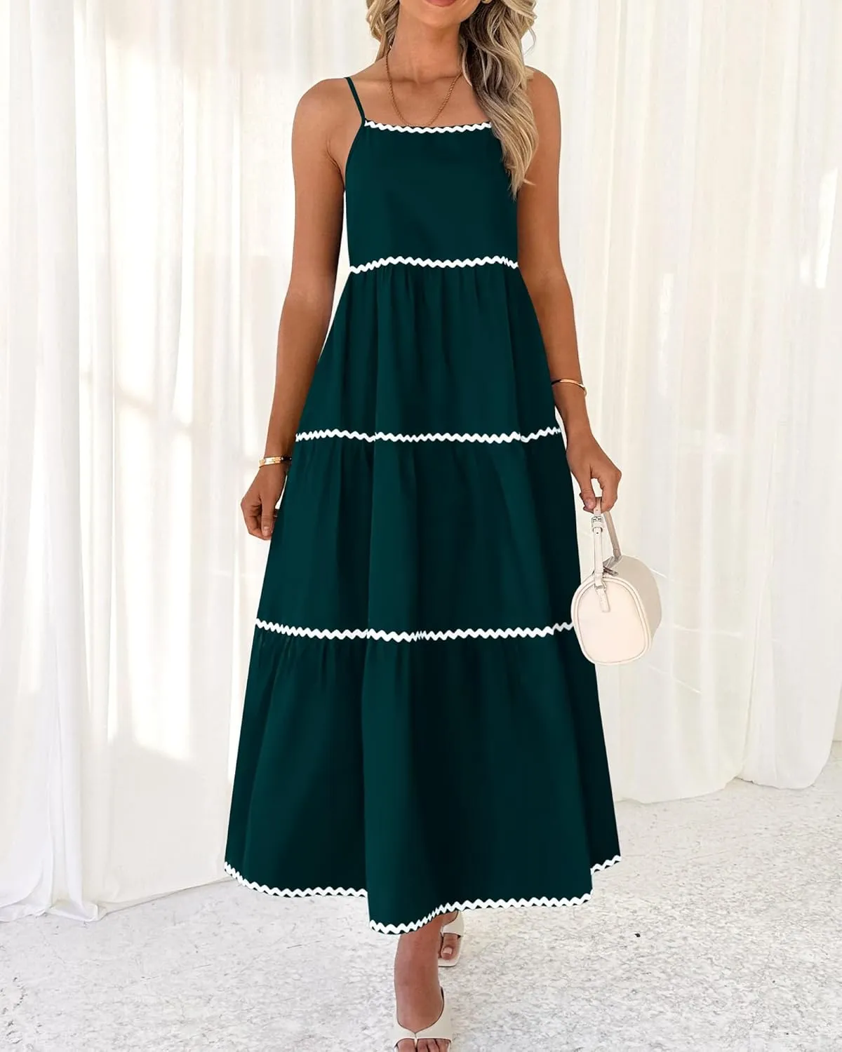 BTFBM Boho Summer Dresses 2025 Spaghetti Strap Backless Sundress RIC Rac Trim Tiered A-Line Long Casual Vacation Dress
