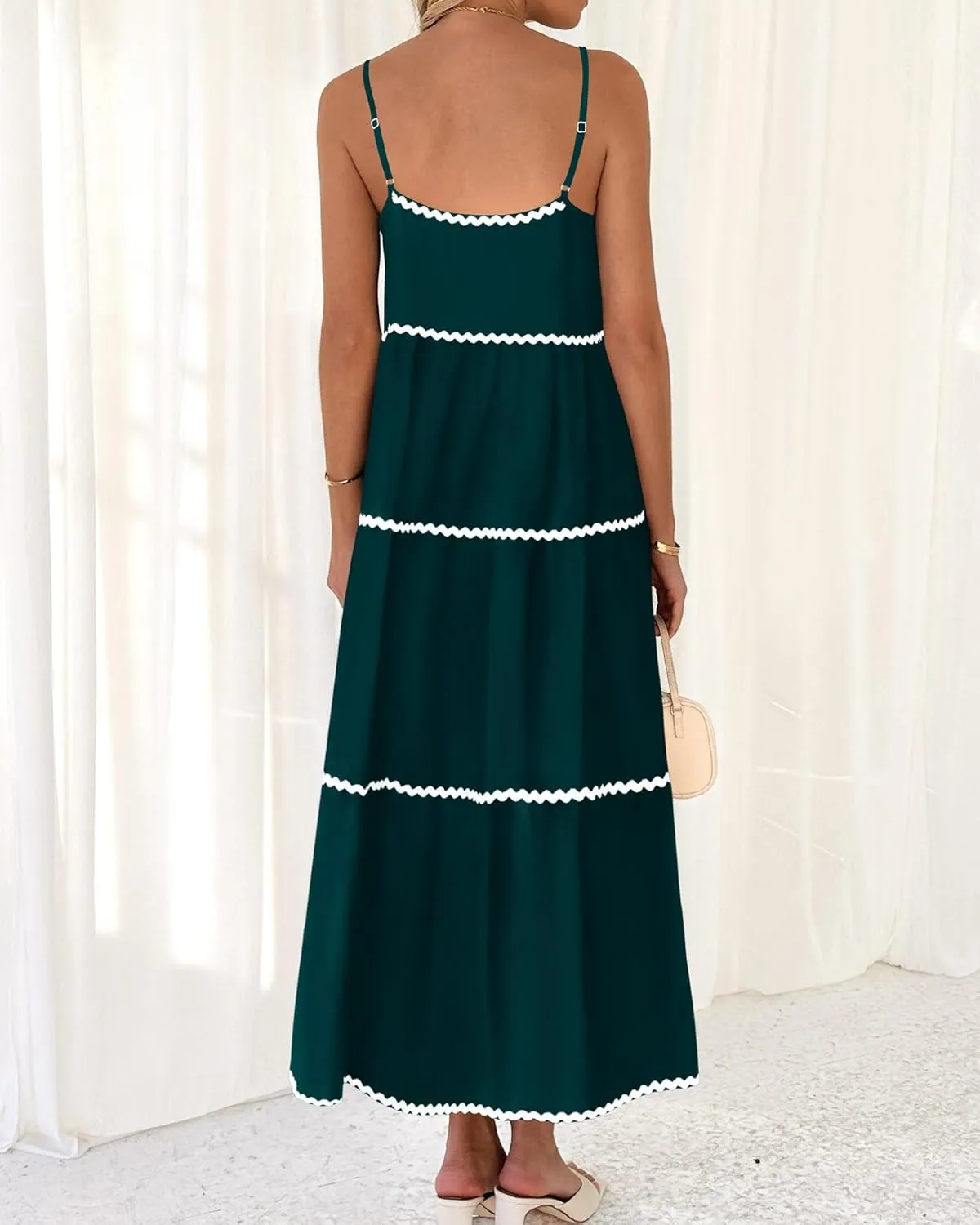 BTFBM Boho Summer Dresses 2025 Spaghetti Strap Backless Sundress RIC Rac Trim Tiered A-Line Long Casual Vacation Dress