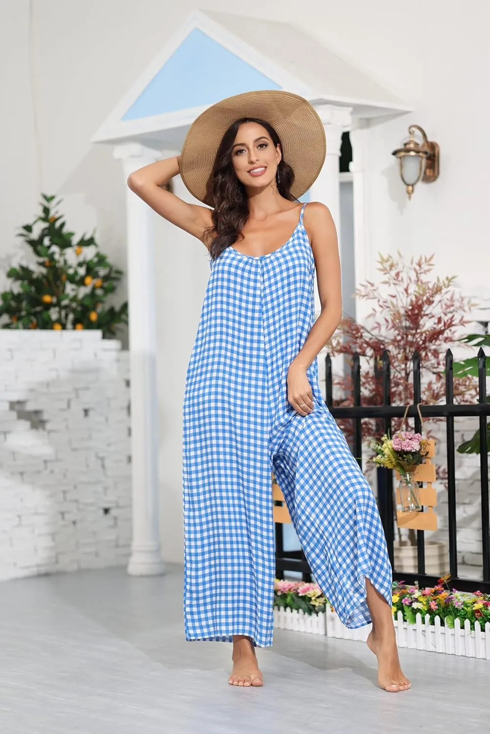 BUENOS NINOS Women's V Neck Floral Maxi Dress Boho Printed Adjustable Spaghetti Strap Ethnic Beach Long Dress with Pockets