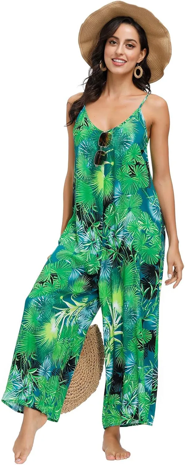 BUENOS NINOS Women's V Neck Floral Maxi Dress Boho Printed Adjustable Spaghetti Strap Ethnic Beach Long Dress with Pockets