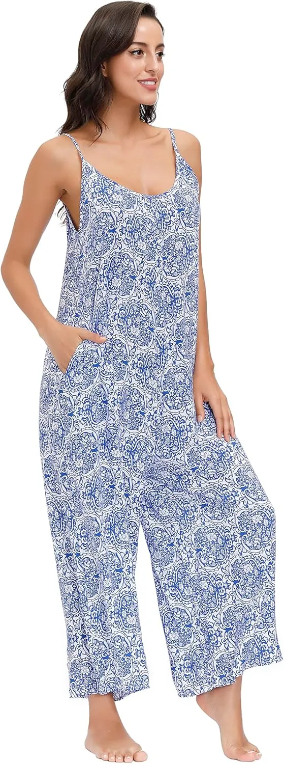 BUENOS NINOS Women's V Neck Floral Maxi Dress Boho Printed Adjustable Spaghetti Strap Ethnic Beach Long Dress with Pockets