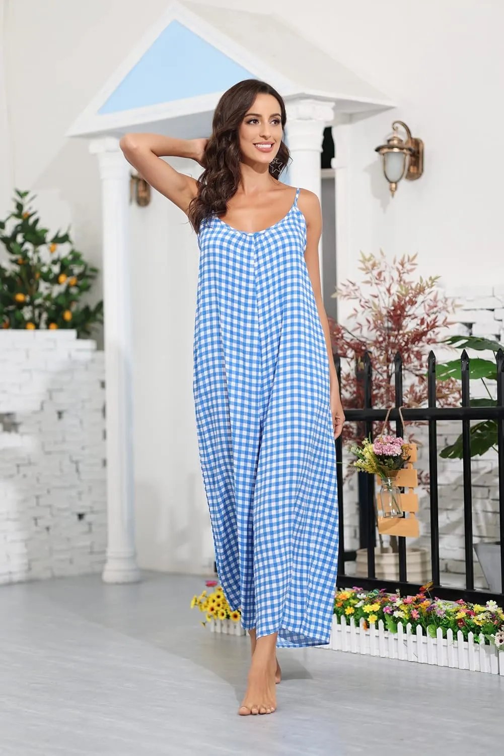 BUENOS NINOS Women's V Neck Floral Maxi Dress Boho Printed Adjustable Spaghetti Strap Ethnic Beach Long Dress with Pockets