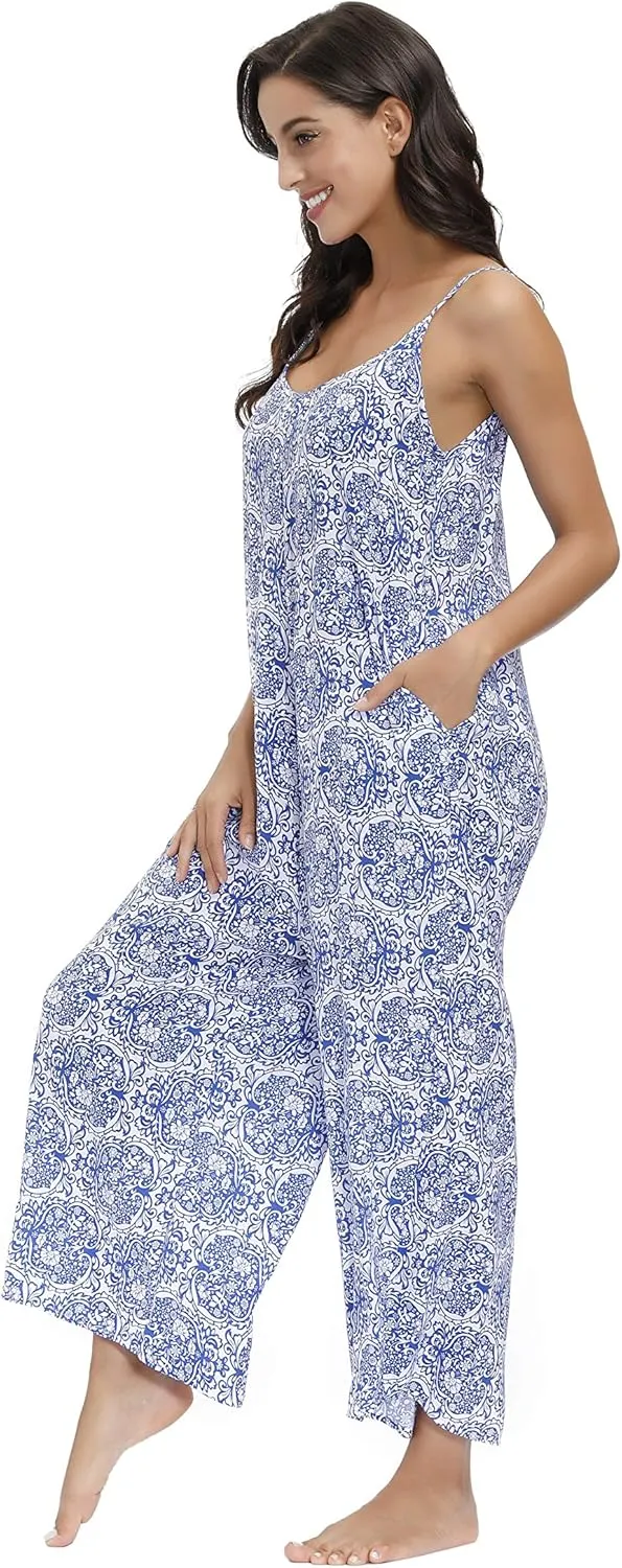 BUENOS NINOS Women's V Neck Floral Maxi Dress Boho Printed Adjustable Spaghetti Strap Ethnic Beach Long Dress with Pockets