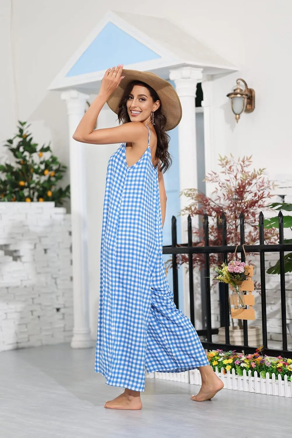 BUENOS NINOS Women's V Neck Floral Maxi Dress Boho Printed Adjustable Spaghetti Strap Ethnic Beach Long Dress with Pockets