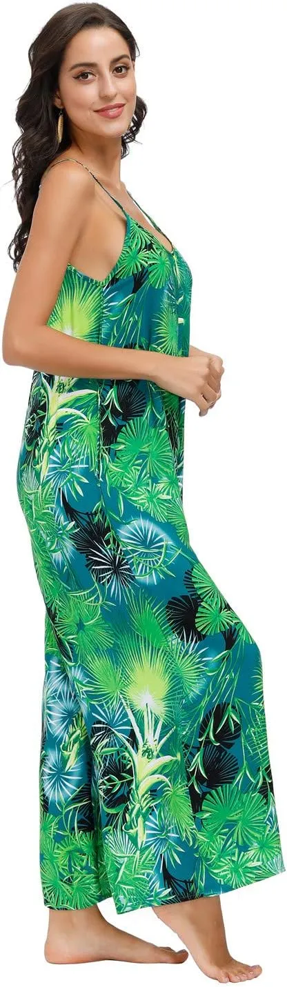 BUENOS NINOS Women's V Neck Floral Maxi Dress Boho Printed Adjustable Spaghetti Strap Ethnic Beach Long Dress with Pockets