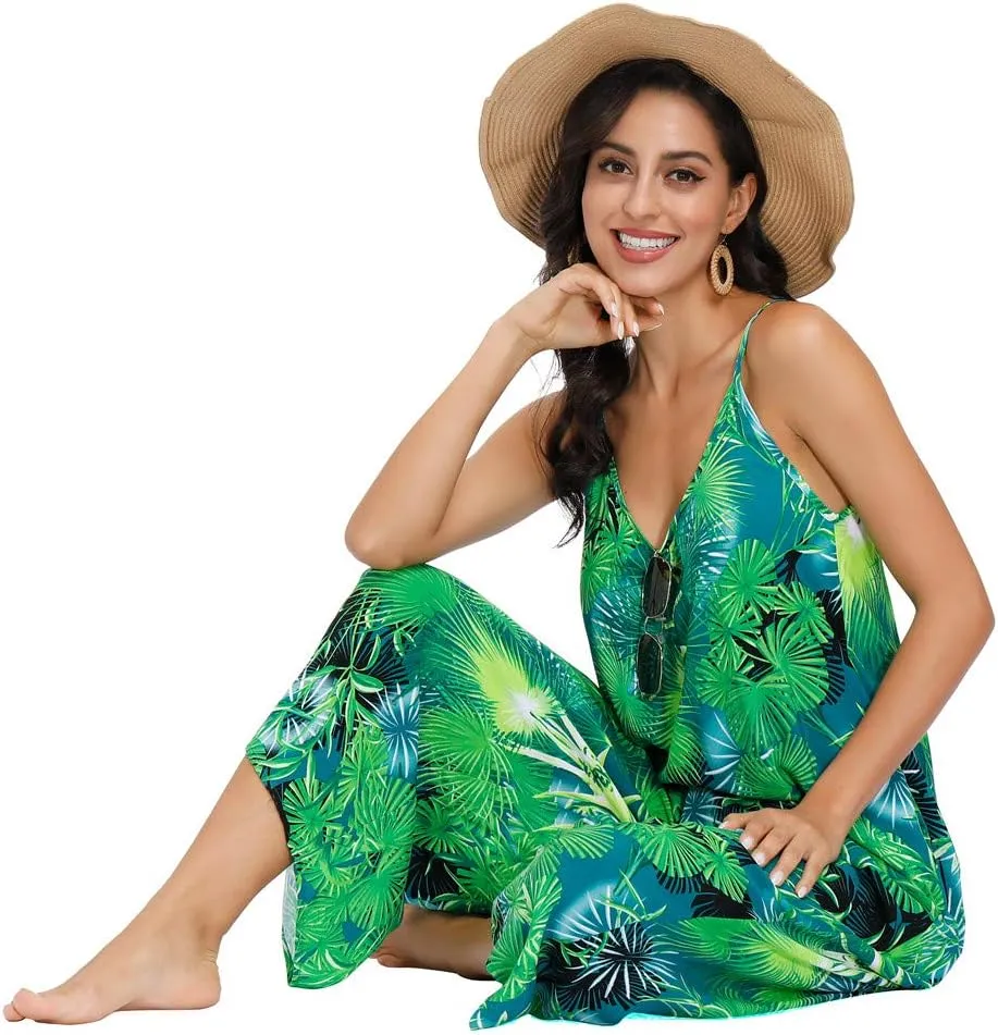 BUENOS NINOS Women's V Neck Floral Maxi Dress Boho Printed Adjustable Spaghetti Strap Ethnic Beach Long Dress with Pockets