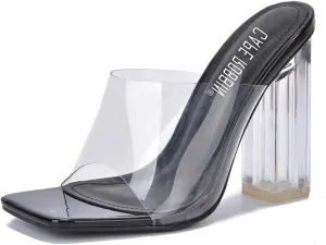 Cape Robbin Edna Clear Chunky Block High Square Open Toe Heels Sandals Mule