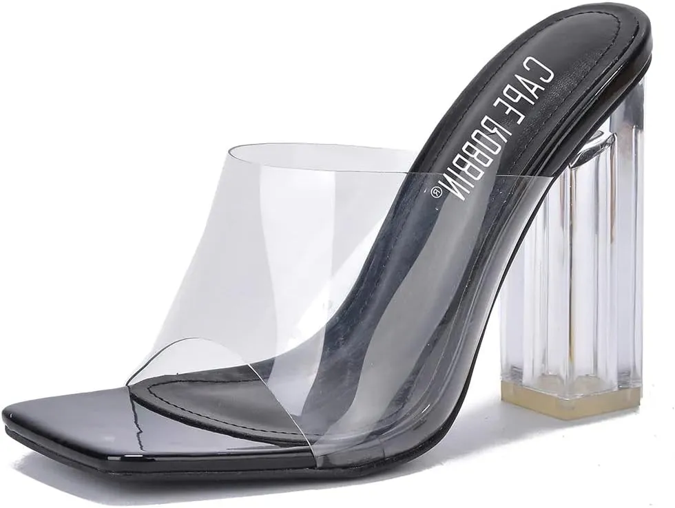 Cape Robbin Edna Clear Chunky Block High Square Open Toe Heels Sandals Mule