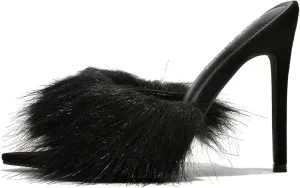 Cape Robbin Fuji Faux Fur Open Pointy Toe Stiletto Mule Heel Sandal-Open Peep Toe Slip on Stiletto High Heels Sandals for women
