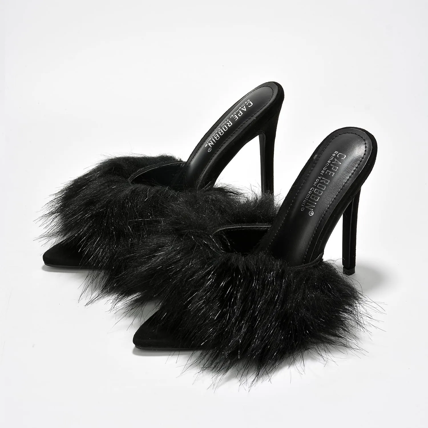 Cape Robbin Fuji Faux Fur Open Pointy Toe Stiletto Mule Heel Sandal-Open Peep Toe Slip on Stiletto High Heels Sandals for women