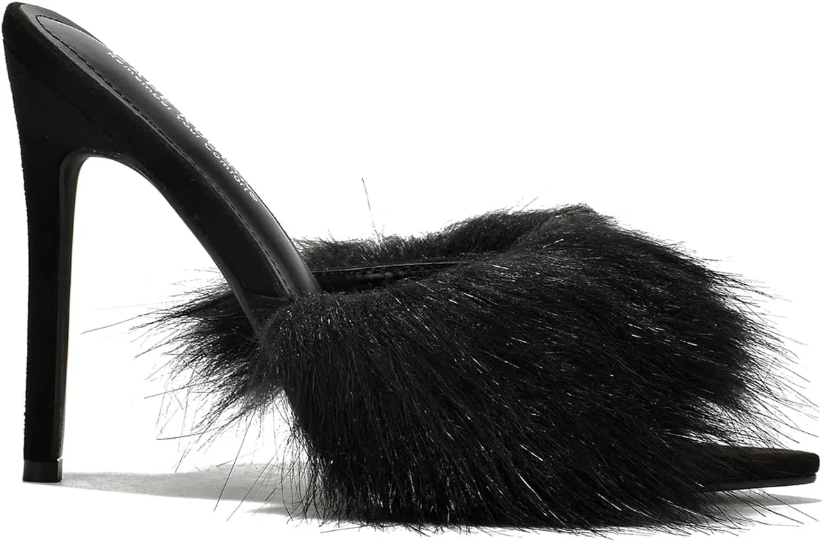 Cape Robbin Fuji Faux Fur Open Pointy Toe Stiletto Mule Heel Sandal-Open Peep Toe Slip on Stiletto High Heels Sandals for women