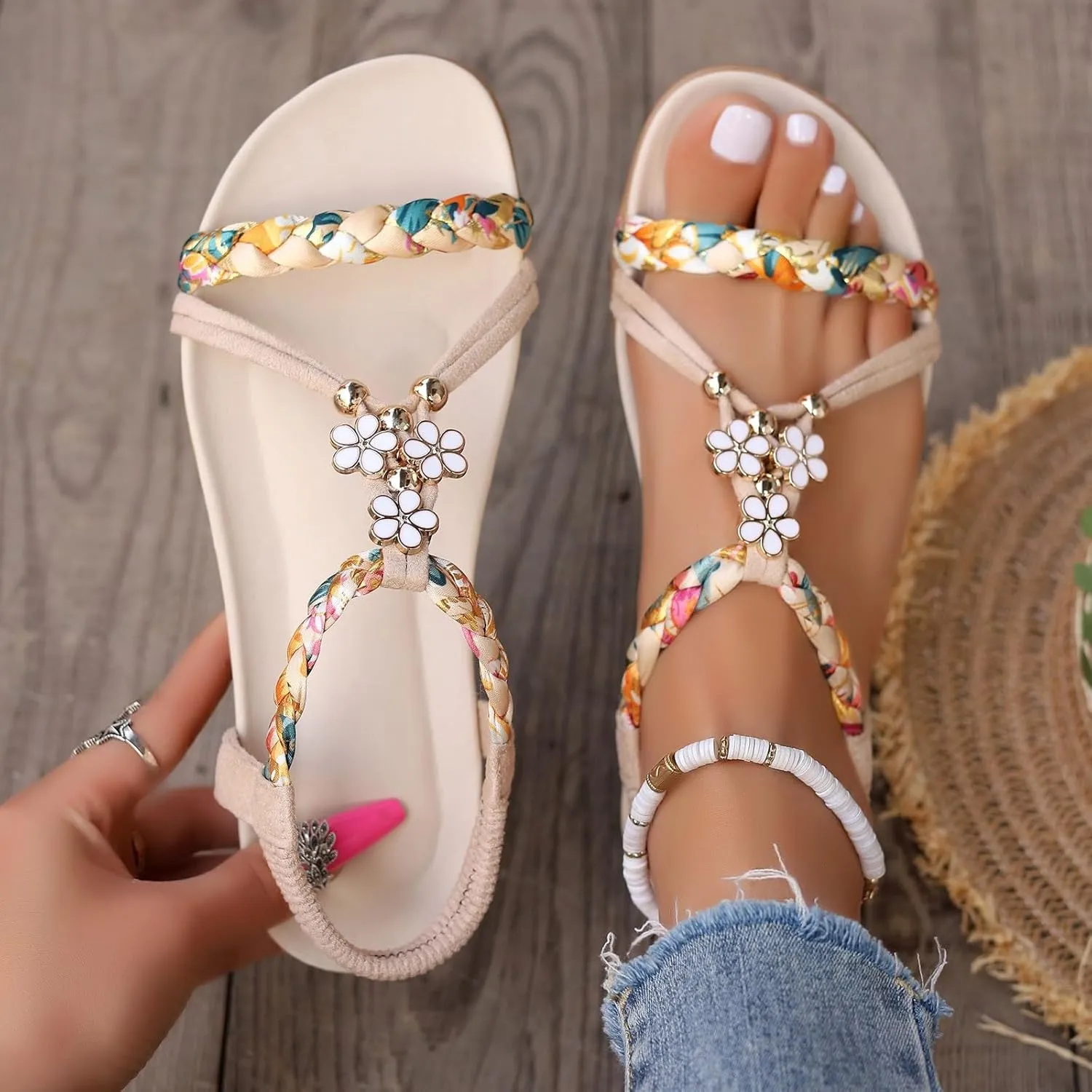 Casual Bohemian Beach Sandals Orthopedic Wedge Sandals for Women Ankle Strap Flip Flops Open Toe Jeweled Flat Sandal 2025 Dressy Comfortable Beach Vacation Shoes