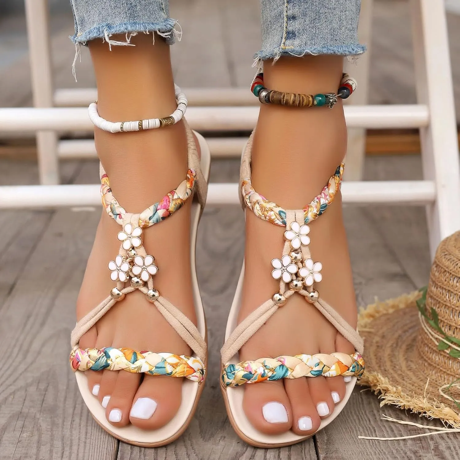 Casual Bohemian Beach Sandals Orthopedic Wedge Sandals for Women Ankle Strap Flip Flops Open Toe Jeweled Flat Sandal 2025 Dressy Comfortable Beach Vacation Shoes