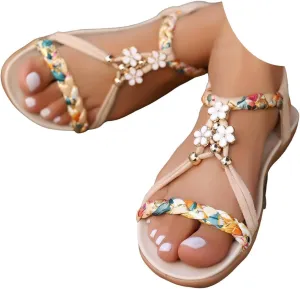 Casual Bohemian Beach Sandals Orthopedic Wedge Sandals for Women Ankle Strap Flip Flops Open Toe Jeweled Flat Sandal 2025 Dressy Comfortable Beach Vacation Shoes