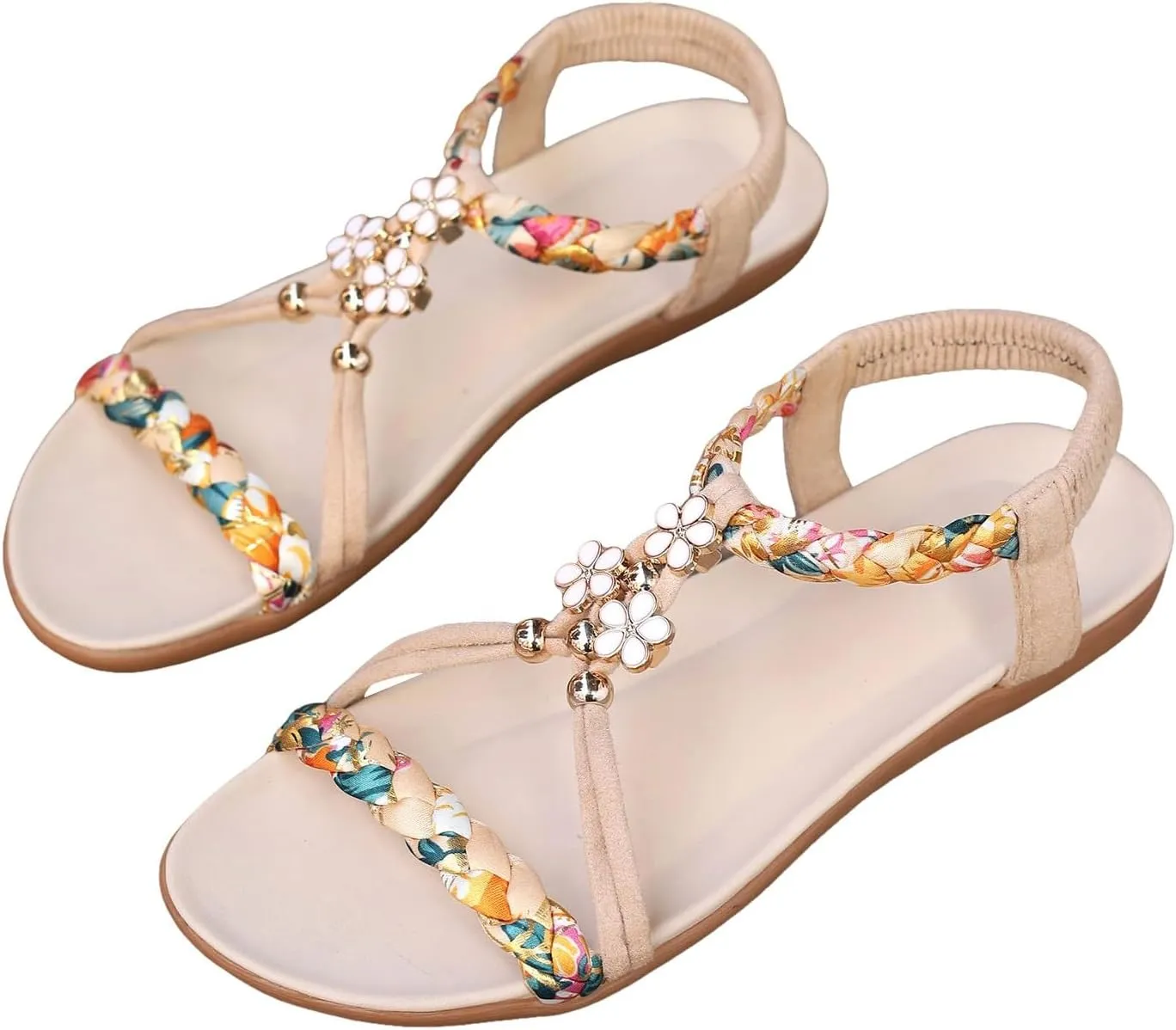 Casual Bohemian Beach Sandals Orthopedic Wedge Sandals for Women Ankle Strap Flip Flops Open Toe Jeweled Flat Sandal 2025 Dressy Comfortable Beach Vacation Shoes