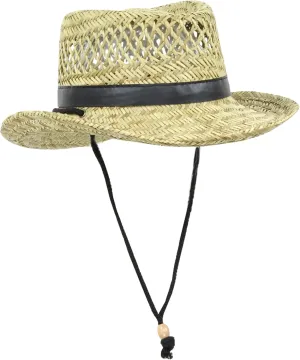 Classic Straw Flat Top Gambler Sun Hat w/ Black Vegan Leather and Chin Strap