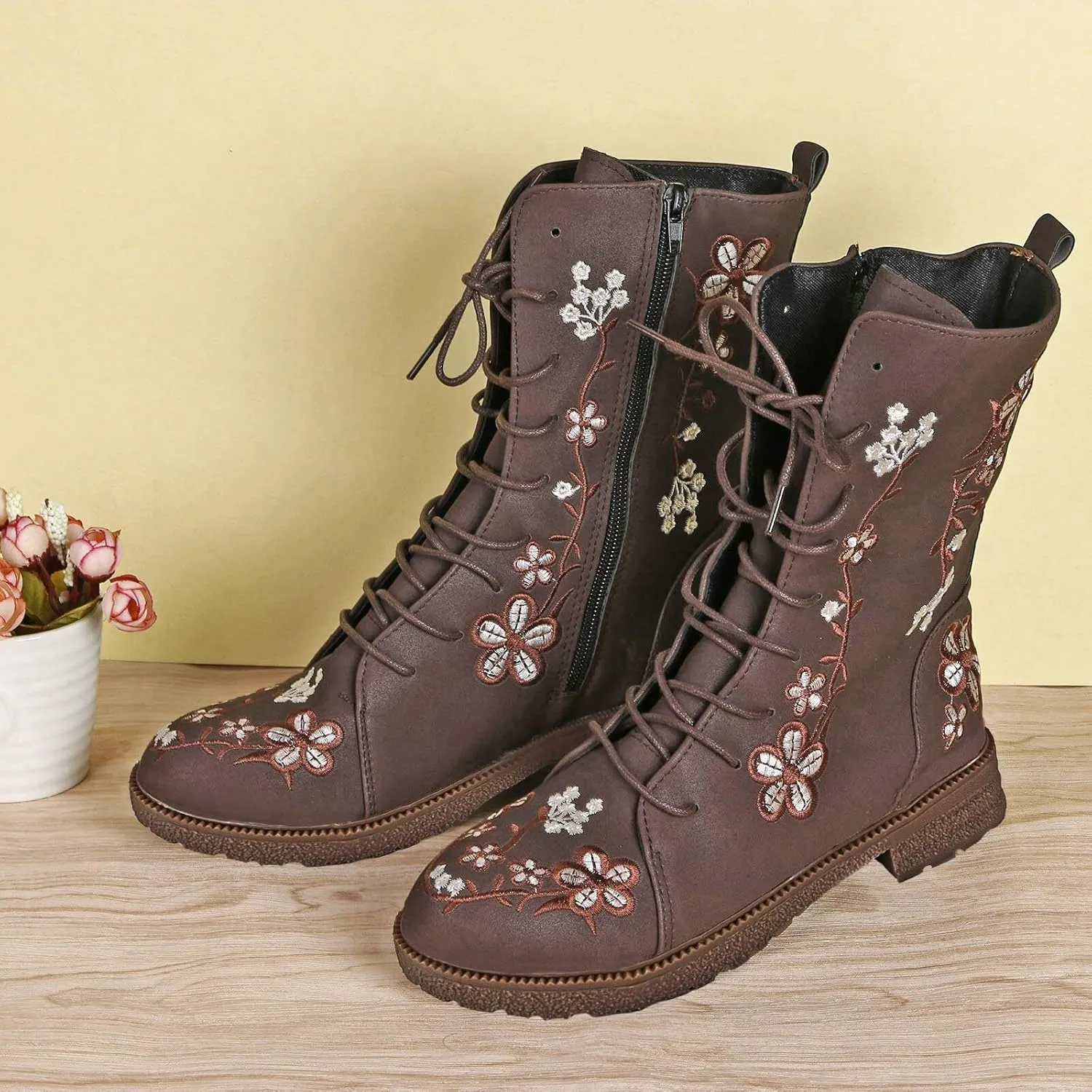 Combat Boots for Women Vintage Flower Design Lace Up Booties Leather Round Toe Side Zip-up Ankle Boots