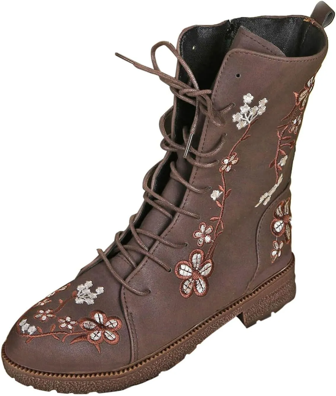 Combat Boots for Women Vintage Flower Design Lace Up Booties Leather Round Toe Side Zip-up Ankle Boots