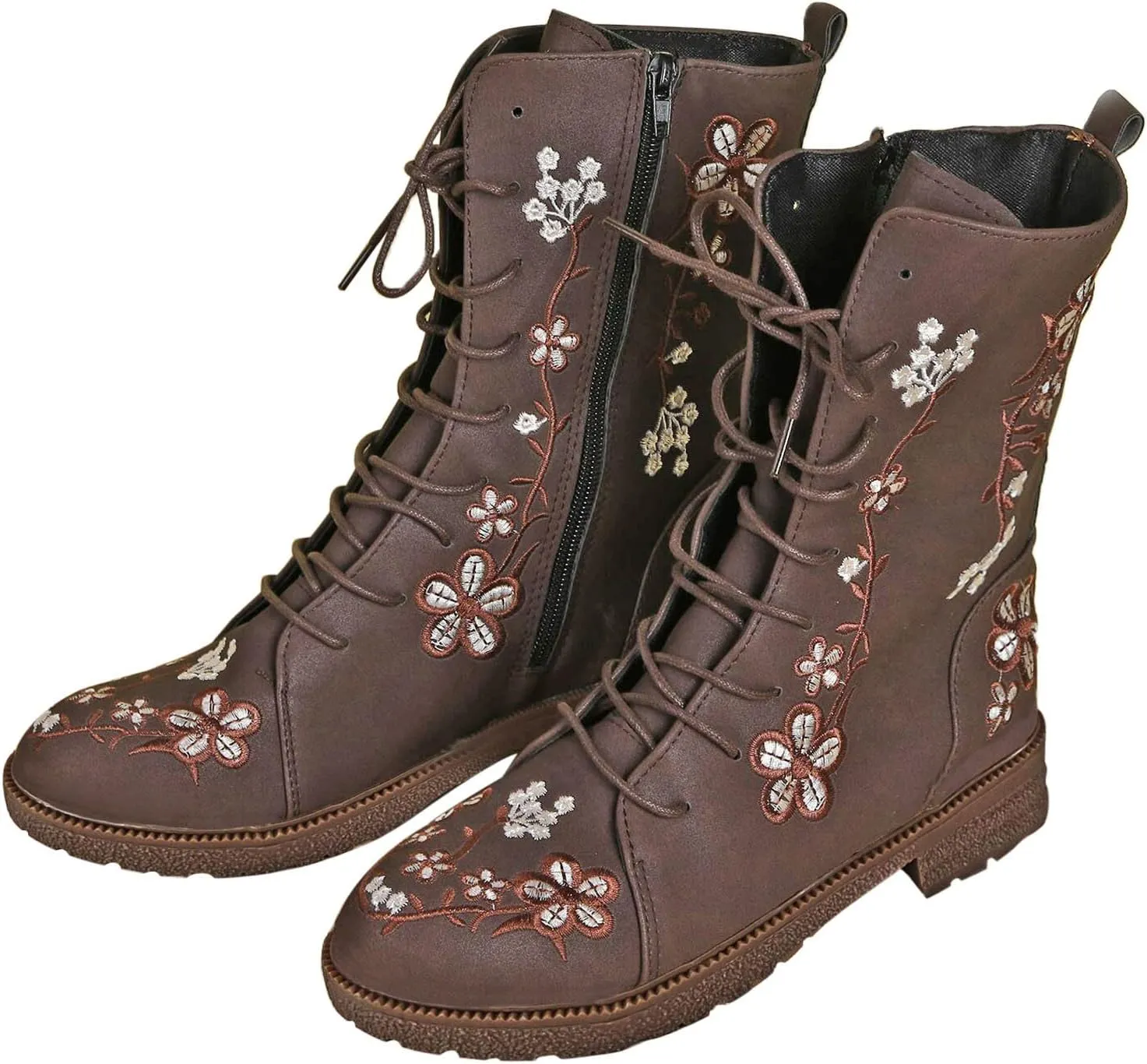 Combat Boots for Women Vintage Flower Design Lace Up Booties Leather Round Toe Side Zip-up Ankle Boots