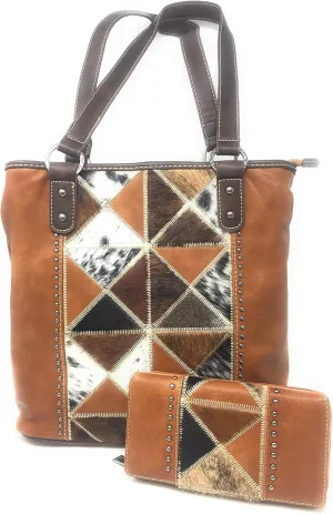 Concealed Carry Hobo Double Flat Strap Purse Southwest Cowhide & Matching Wallet (Brown)