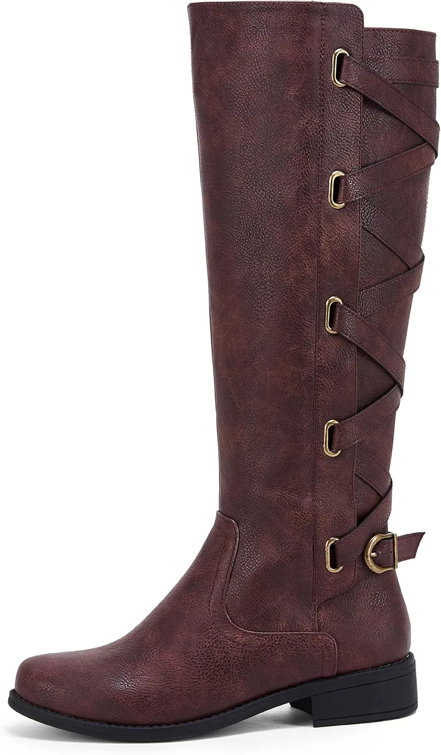 Coutgo Womens Lace Up Knee High Boots Motorcycle Riding Flat Low Heels Strappy Winter Combat Boots