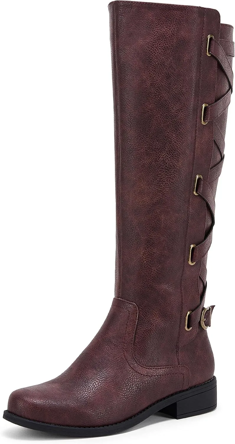 Coutgo Womens Lace Up Knee High Boots Motorcycle Riding Flat Low Heels Strappy Winter Combat Boots