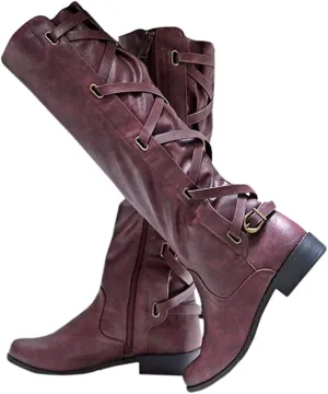 Coutgo Womens Lace Up Knee High Boots Motorcycle Riding Flat Low Heels Strappy Winter Combat Boots