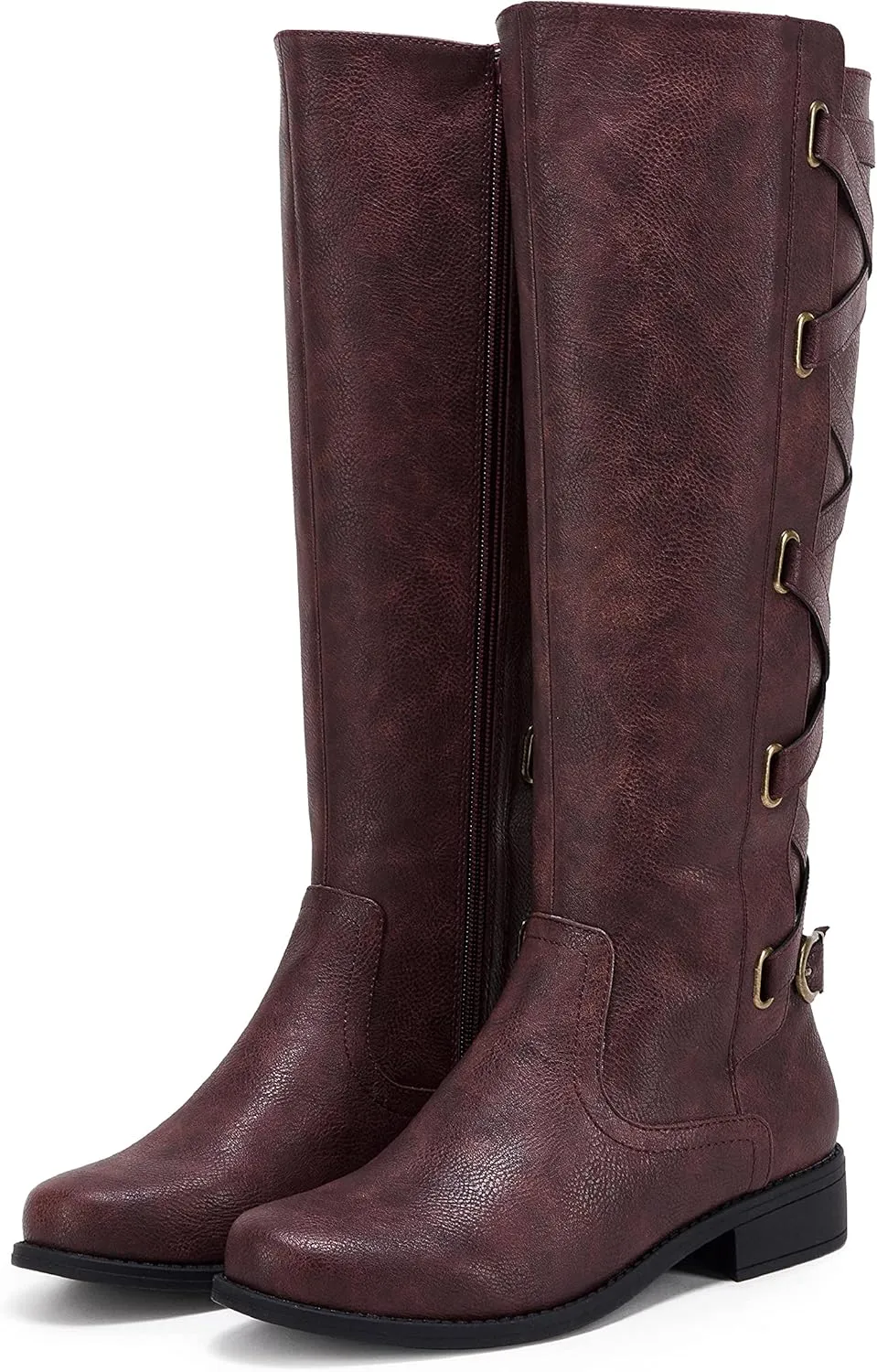 Coutgo Womens Lace Up Knee High Boots Motorcycle Riding Flat Low Heels Strappy Winter Combat Boots