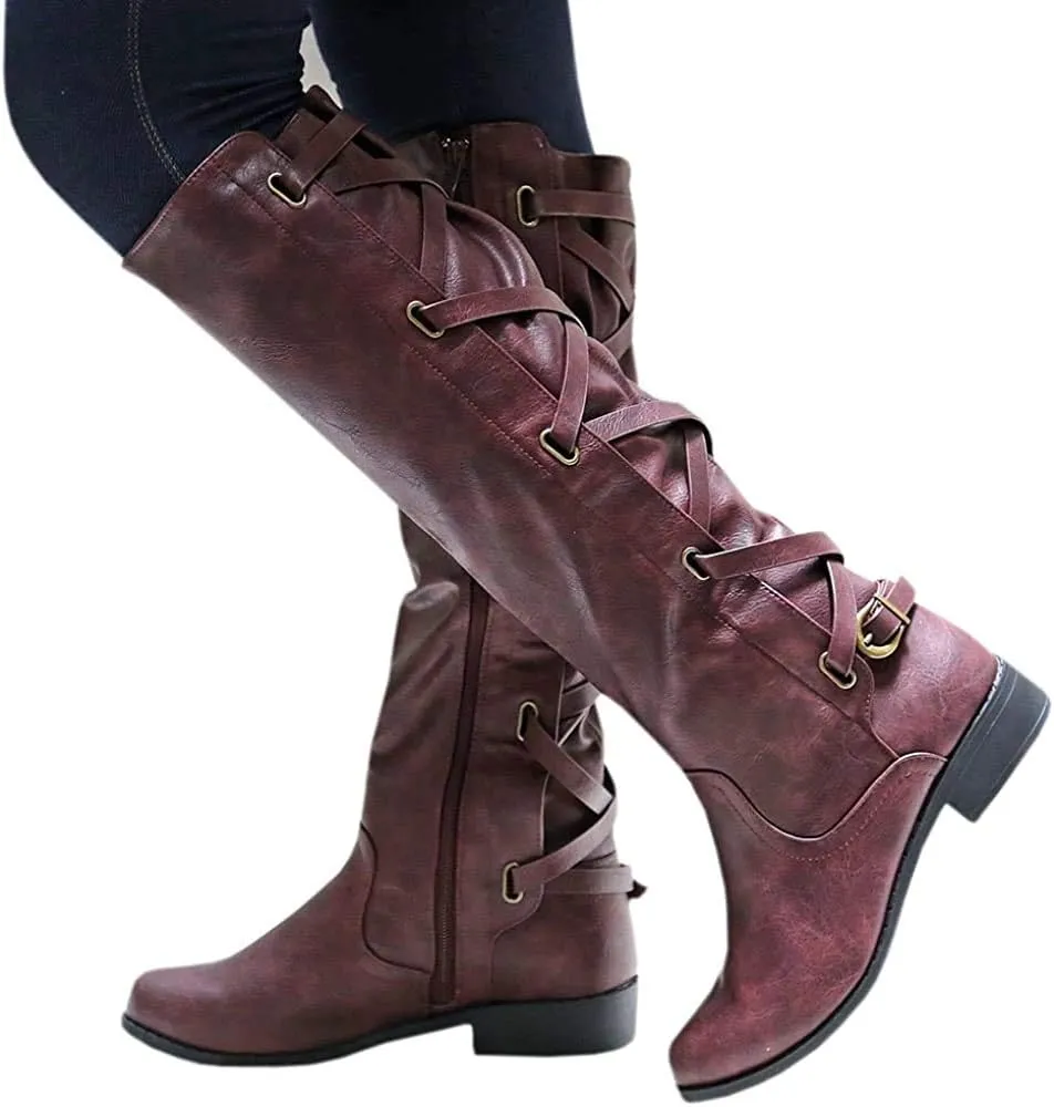 Coutgo Womens Lace Up Knee High Boots Motorcycle Riding Flat Low Heels Strappy Winter Combat Boots