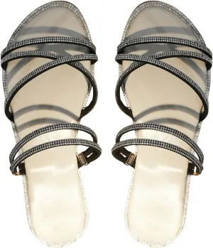 COZYEASE Women's Glitter Rhinestone Decor Flat Sandals Criss Cross Strappy Slides Open Toe Slippers