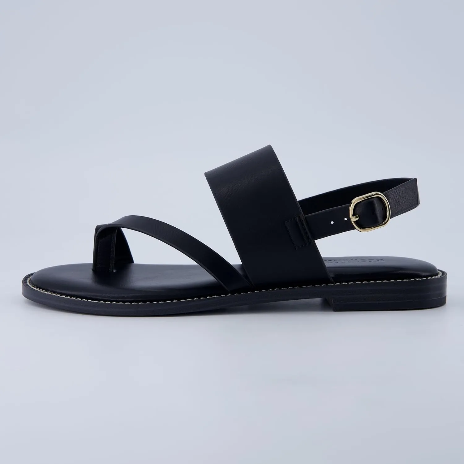 CUSHIONAIRE Leader Women’s Strappy Sandal – Premium Faux Leather Toe Loop Flat with Adjustable Ankle Strap & Cushioned Footbed